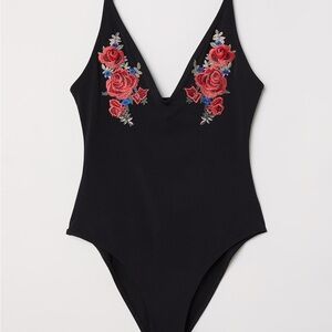 H&M Black Bodysuit with Red Floral Design